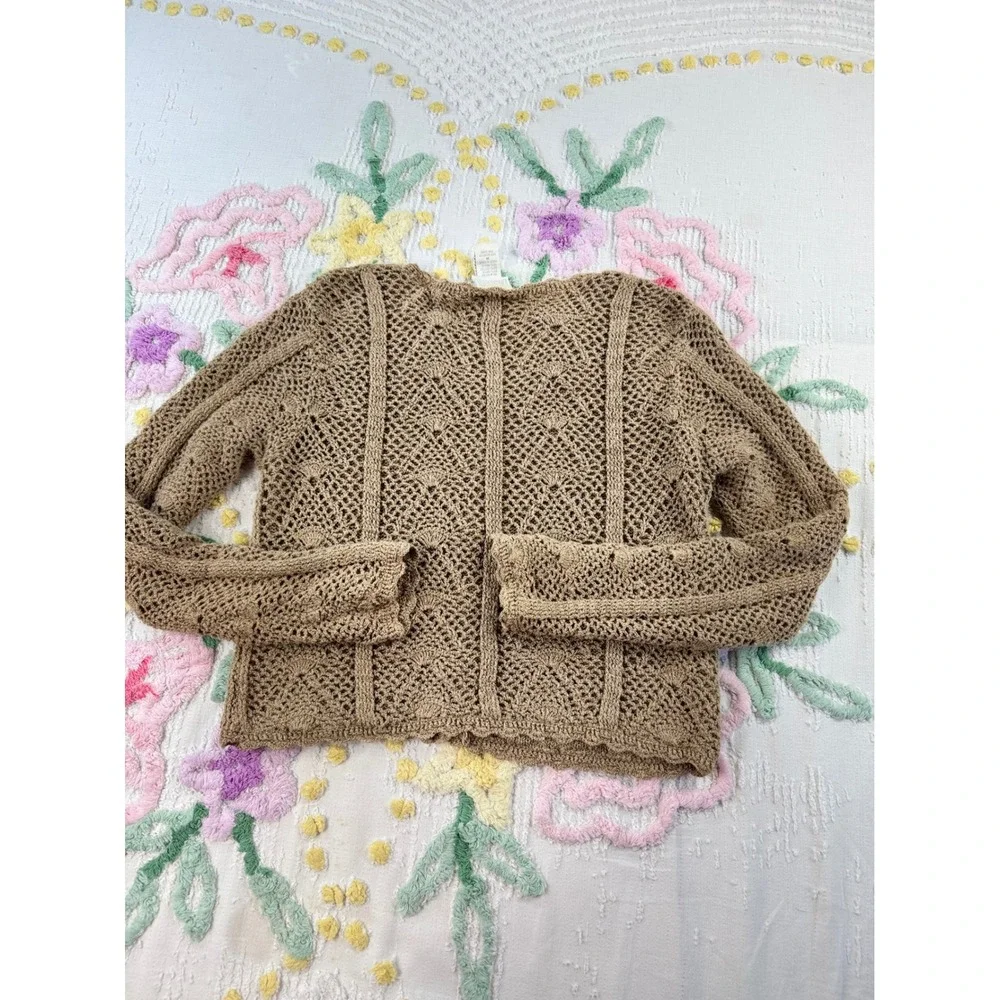 MODA INTL Tan Crochet Knit Button Up‎ Cardigan Sweater Top Women's Medium - Picture 7 of 8